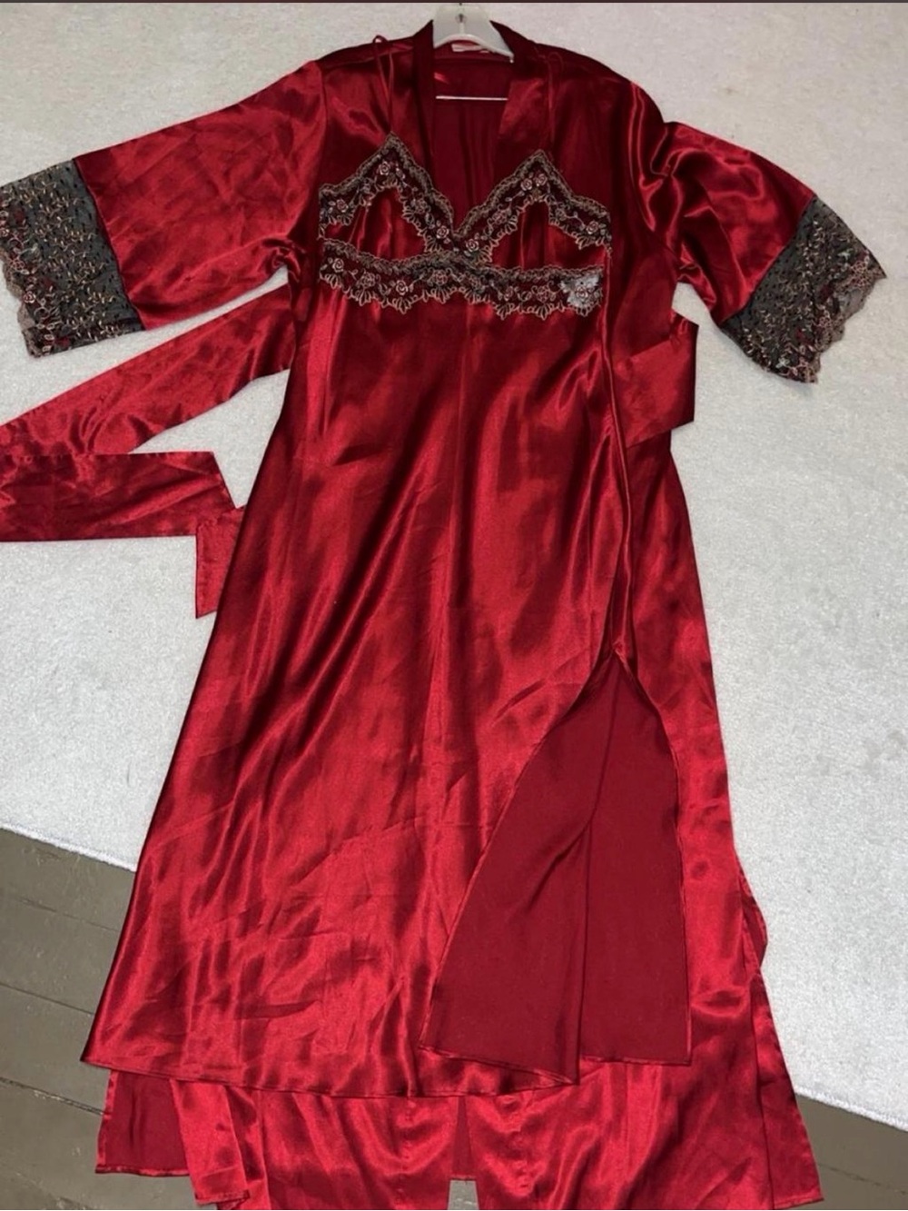 Valerie Stevens Deep Red Satin Slip or Dress with Robe - Picture 3 of 4